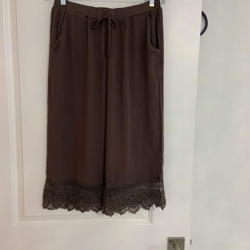 Brown Crochet-Hem Wide Leg Pants